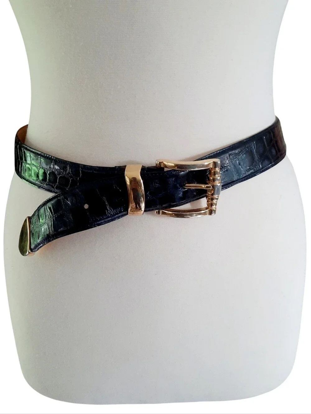 Vtg CARLISLE Black Croc-Embossed Italian Leather Belt w/3pc Gold Buckle Set Sz M